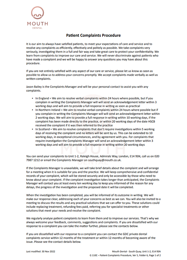 Patient complaints procedure